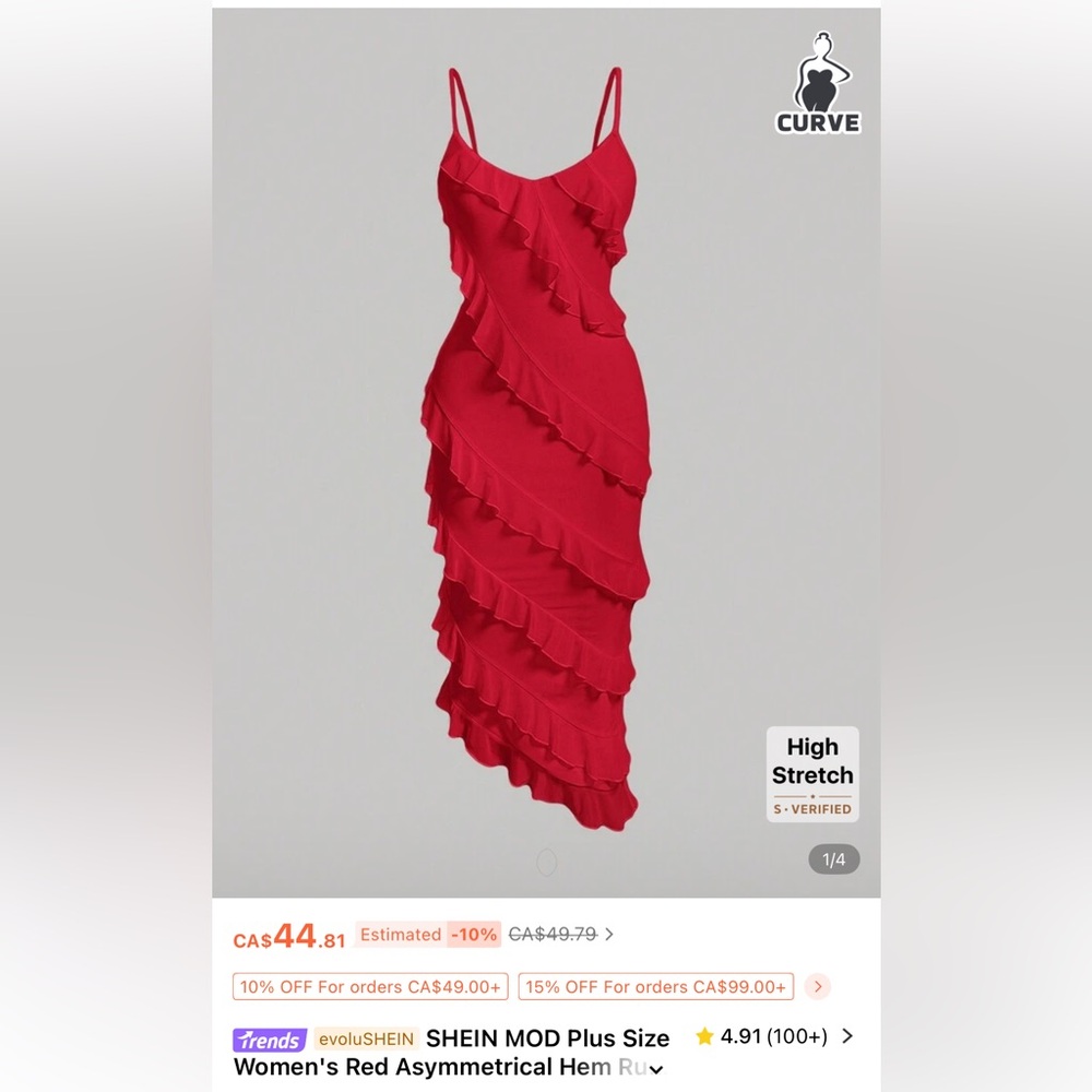 SHEIN BNWT women’s red body con ruffle dress size 2XL very stretchy party dress